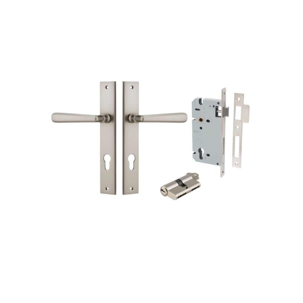 Door Lever Copenhagen Rectangular Euro Pair Satin Nickel CTC85mm H240xW38xP61mm Entrance Kit, Mortice Lock Euro Satin Nickel CTC85mm Backset 60mm, Euro Cylinder Dual Function 5 Pin Satin Nickel L65mm KA1 in Satin Nickel