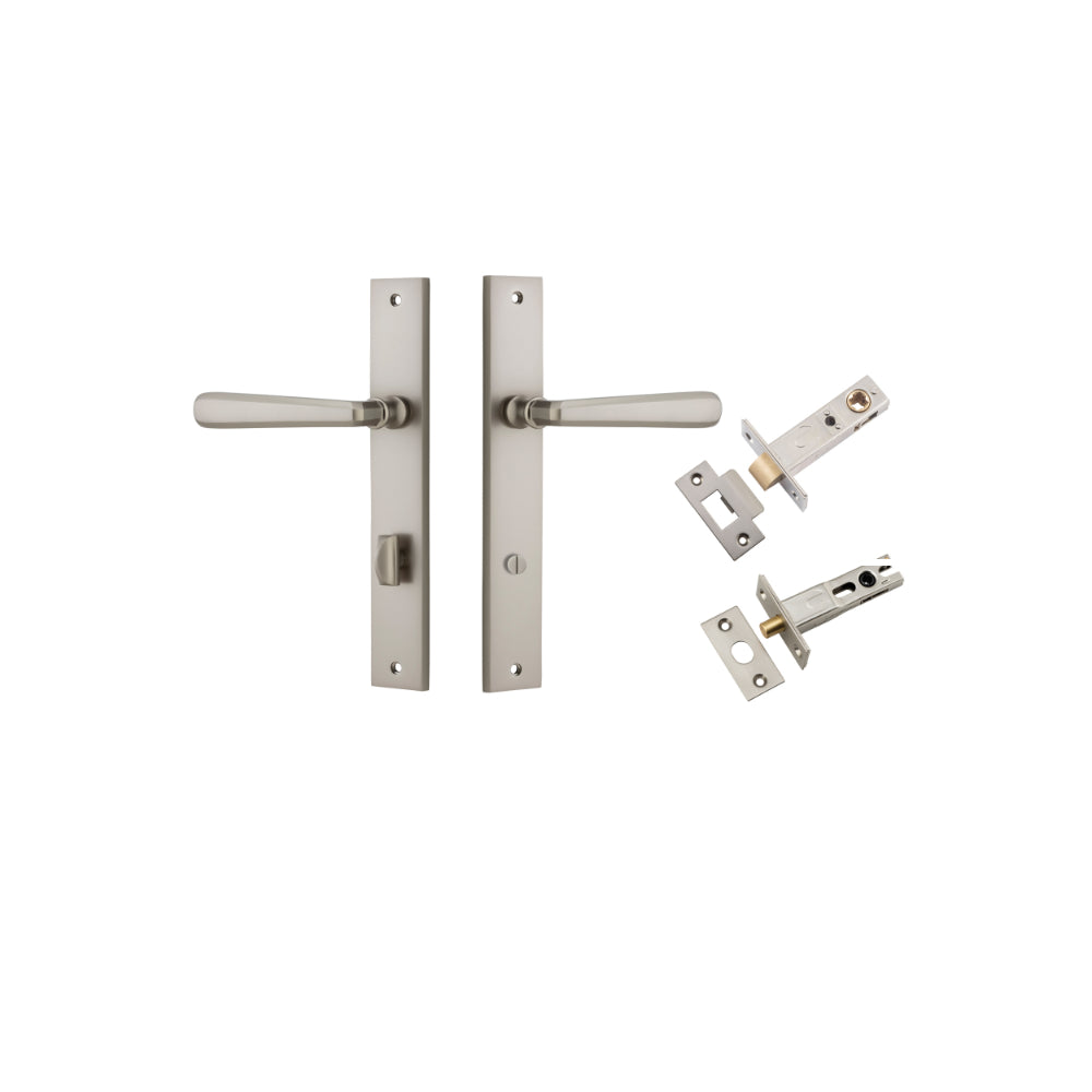 Door Lever Copenhagen Rectangular Privacy Pair Satin Nickel CTC85mm H240xW38xP61mm Inbuilt Privacy Kit, Tube Latch Split Cam 'T' Striker Satin Nickel Backset 60mm, Privacy Bolt Round Bolt Satin Nickel Backset 60mm in Satin Nickel