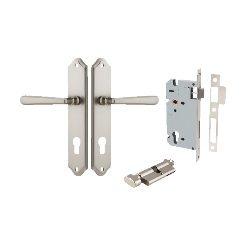 Door Lever Copenhagen Shouldered Euro Pair Satin Nickel CTC85mm H250xW48xP61mm Entrance Kit Mortice Lock Euro Satin Nickel CTC85mm Backset 60mm, Euro Cylinder Key Thumb 6 Pin Satin Nickel L70mm KA1 in Satin Nickel