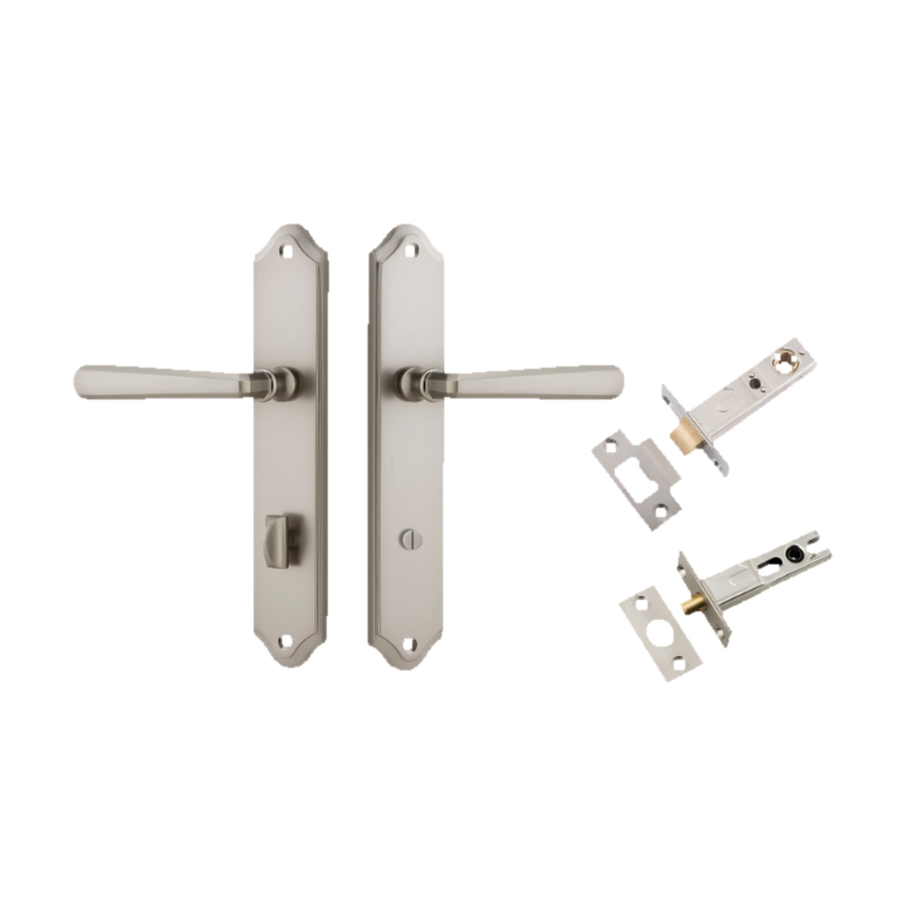 Door Lever Copenhagen Shouldered Privacy Pair Satin Nickel CTC85mm H250xW48xP61mm Inbuilt Privacy Kit Tube Latch Split Cam 'T' Striker Satin Nickel Backset 60mm, Privacy Bolt Round Bolt Satin Nickel Backset 60mm in Satin Nickel