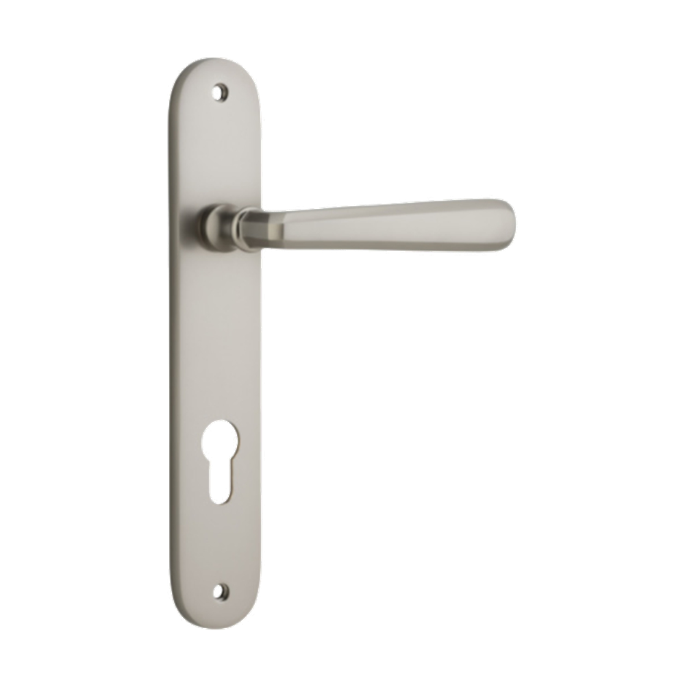 Door Lever Copenhagen Oval Euro Pair Satin Nickel CTC85mm H240xW40xP61mm in Satin Nickel