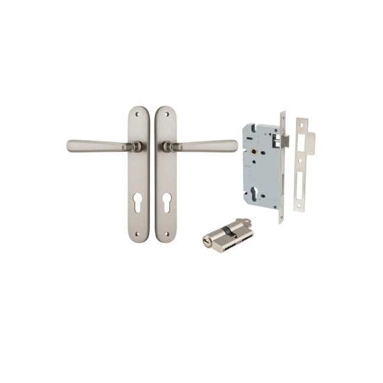 Door Lever Copenhagen Oval Euro Pair Satin Nickel CTC85mm H240xW40xP61mm Entrance Kit Mortice Lock Euro Satin Nickel CTC85mm Backset 60mm, Euro Cylinder Dual Function 5 Pin Satin Nickel L65mm KA1 in Satin Nickel