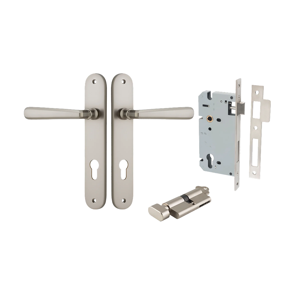 Door Lever Copenhagen Oval Euro Pair Satin Nickel CTC85mm H240xW40xP61mm Entrance Kit Mortice Lock Euro Satin Nickel CTC85mm Backset 60mm, Euro Cylinder Key Thumb 6 Pin Satin Nickel L70mm KA1 in Satin Nickel