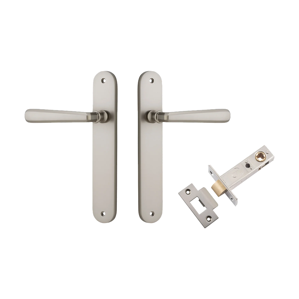 Door Lever Copenhagen Oval Latch Pair Satin Nickel H240xW40xP61mm Passage Kit Tube Latch Split Cam 'T' Striker Satin Nickel Backset 60mm in Satin Nickel