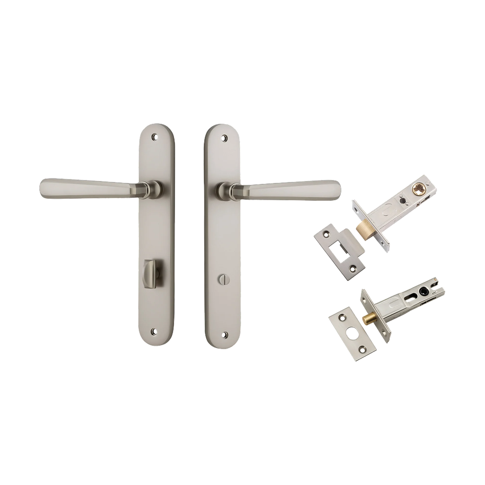 Door Lever Copenhagen Oval Privacy Pair Satin Nickel CTC85mm H240xW40xP61mm Inbuilt Privacy Kit Tube Latch Split Cam 'T' Striker Satin Nickel Backset 60mm, Privacy Bolt Round Bolt Satin Nickel Backset 60mm in Satin Nickel