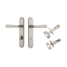 Door Lever Copenhagen Oval Privacy Pair Satin Nickel CTC85mm H240xW40xP61mm Inbuilt Privacy Kit Tube Latch Split Cam 'T' Striker Satin Nickel Backset 60mm, Privacy Bolt Round Bolt Satin Nickel Backset 60mm in Satin Nickel