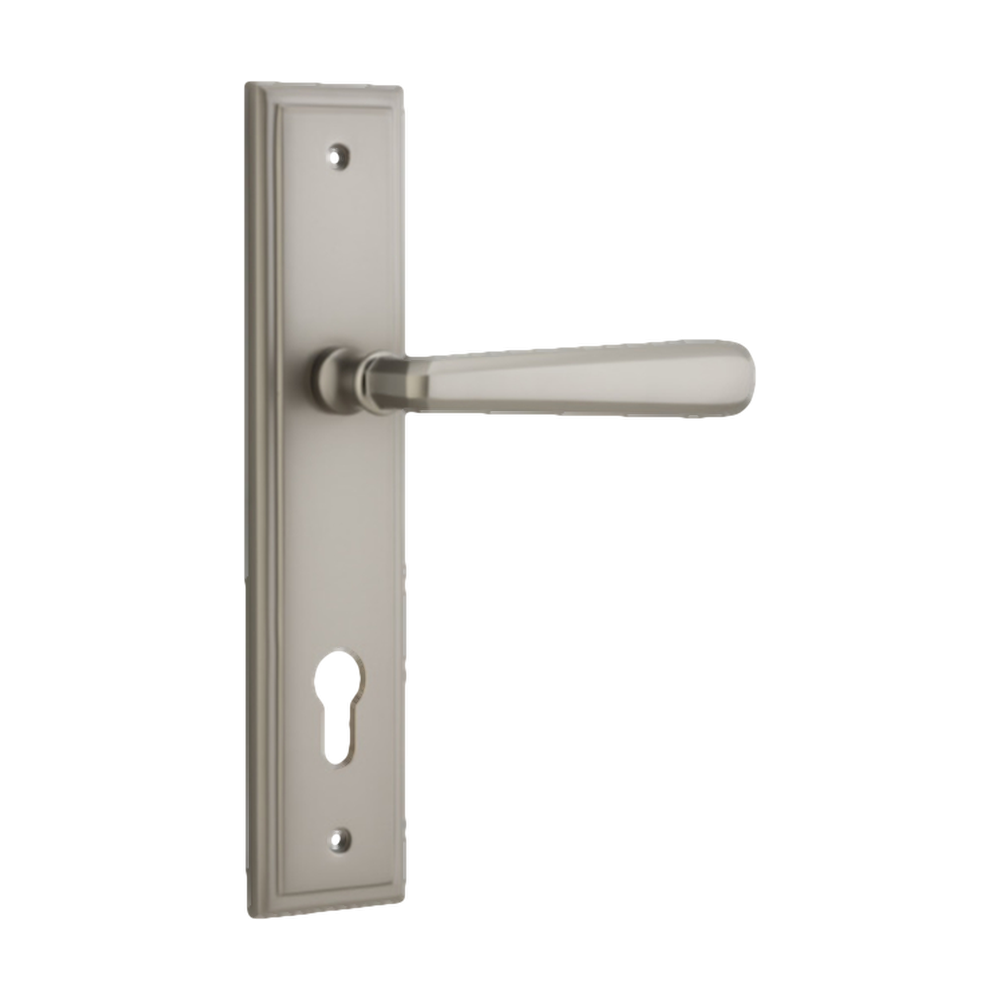 Door Lever Copenhagen Stepped Euro Pair Satin Nickel CTC85mm H237xW50xP61mm in Satin Nickel