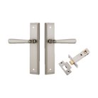 Pair of Iver Copenhagen lever handles on stepped backplates, architectural hardware for doors, with a sleek, modern design.