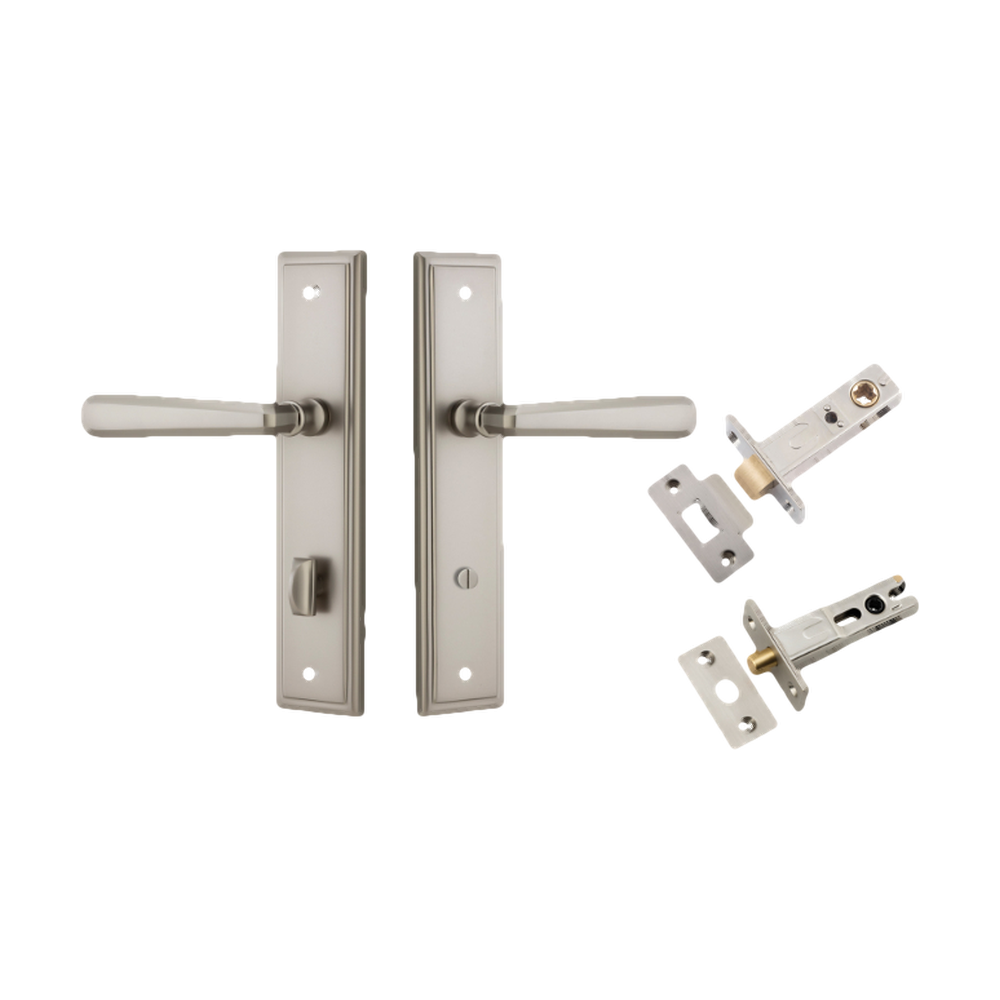Door Lever Copenhagen Stepped Privacy Pair Satin Nickel CTC85mm H237xW50xP61mm Inbuilt Privacy Kit Tube Latch Split Cam 'T' Striker Satin Nickel Backset 60mm, Privacy Bolt Round Bolt Satin Nickel Backset 60mm in Satin Nickel