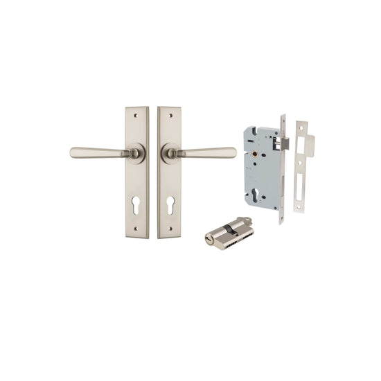 Door Lever Copenhagen Chamfered Euro Pair Satin Nickel CTC85mm L120xP59mm BPH240xW50mm Mortice Lock Euro Satin Nickel CTC85mm Backset 60mm, Euro Cylinder Dual Function 5 Pin Satin Nickel 65mm KA4 in Satin Nickel