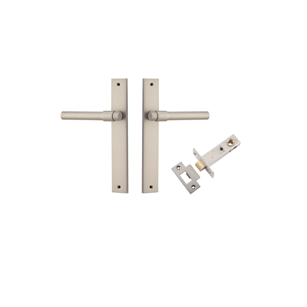 Door Lever Helsinki Rectangular Latch Pair Satin Nickel H240xW38xP44mm Passage Kit, Tube Latch Split Cam 'T' Striker Satin Nickel Backset 60mm in Satin Nickel