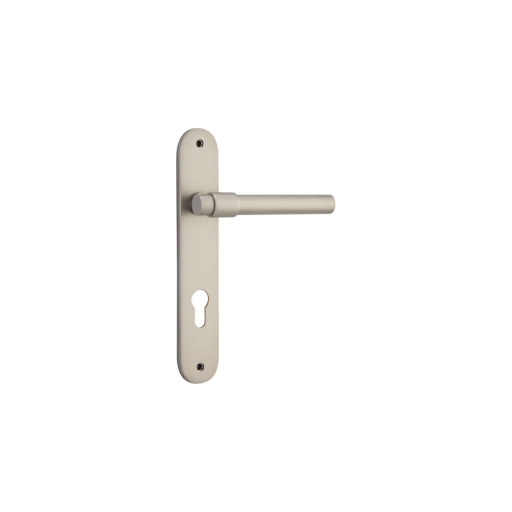 Door Lever Helsinki Oval Euro Pair Satin Nickel CTC85mm H240xW40xP44mm in Satin Nickel