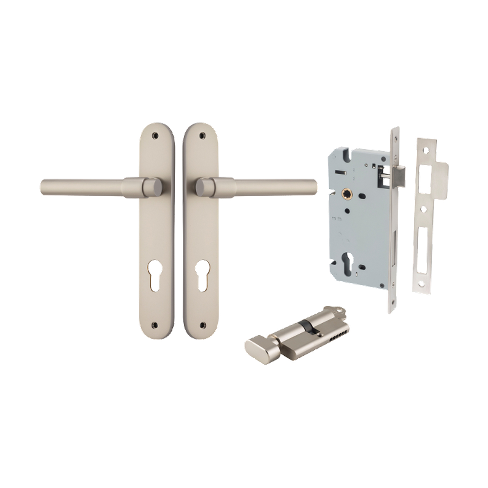 Door Lever Helsinki Oval Euro Pair Satin Nickel CTC85mm H240xW40xP44mm Entrance Kit Mortice Lock Euro Satin Nickel CTC85mm Backset 60mm, Euro Cylinder Key Thumb 6 Pin Satin Nickel L70mm KA1 in Satin Nickel