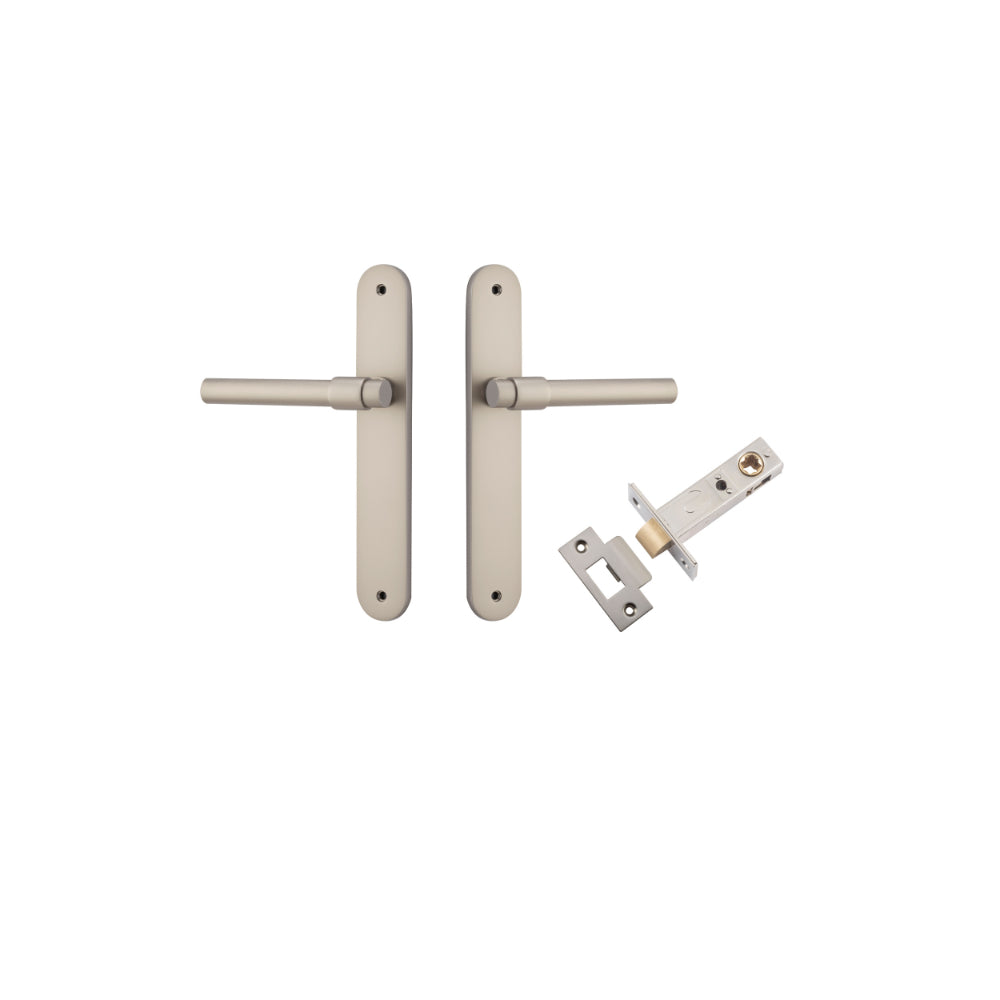 Door Lever Helsinki Oval Latch Pair Satin Nickel H240xW40xP44mm Passage Kit Tube Latch Split Cam 'T' Striker Satin Nickel Backset 60mm in Satin Nickel