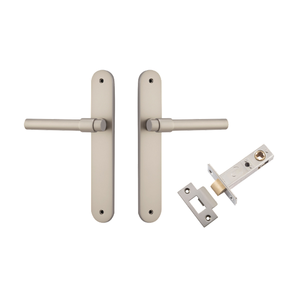 Door Lever Helsinki Oval Latch Pair Satin Nickel H240xW40xP44mm Passage Kit Tube Latch Split Cam 'T' Striker Satin Nickel Backset 60mm in Satin Nickel