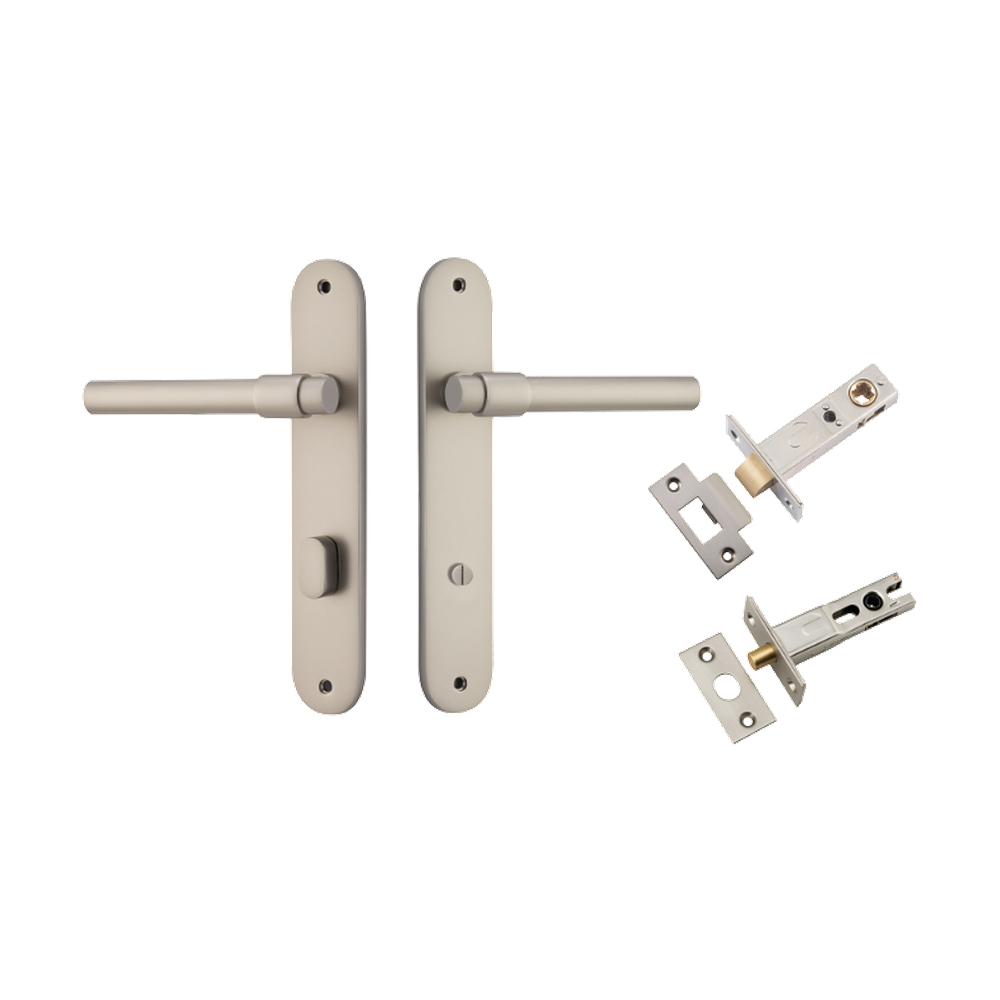 Door Lever Helsinki Oval Privacy Pair Satin Nickel CTC85mm H240xW40xP44mm  Privacy Kit Tube Latch Split Cam 'T' Striker Satin Nickel Backset 60mm, Privacy Bolt Round Bolt Satin Nickel Backset 60mm in Satin Nickel