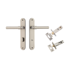 Door Lever Helsinki Oval Privacy Pair Satin Nickel CTC85mm H240xW40xP44mm  Privacy Kit Tube Latch Split Cam 'T' Striker Satin Nickel Backset 60mm, Privacy Bolt Round Bolt Satin Nickel Backset 60mm in Satin Nickel