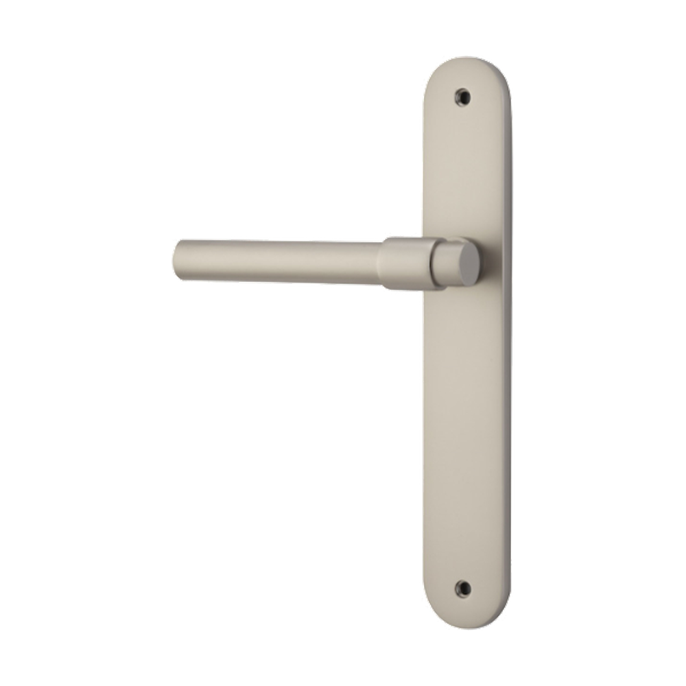 Door Lever Helsinki Oval Latch Left Hand Fixed Satin Nickel L137xP58mm BPH240xW40mm in Satin Nickel