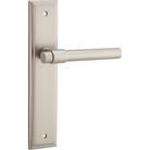 Pair of Iver Helsinki lever door handles on stepped backplates, featuring sleek modern design and brushed metal finish.