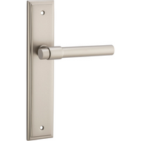 Pair of Iver Helsinki lever door handles on stepped backplates, featuring sleek modern design and brushed metal finish.