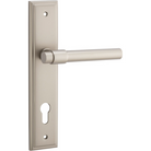 Pair of Iver Helsinki lever door handles on stepped backplate, featuring modern chrome finish and sleek design.