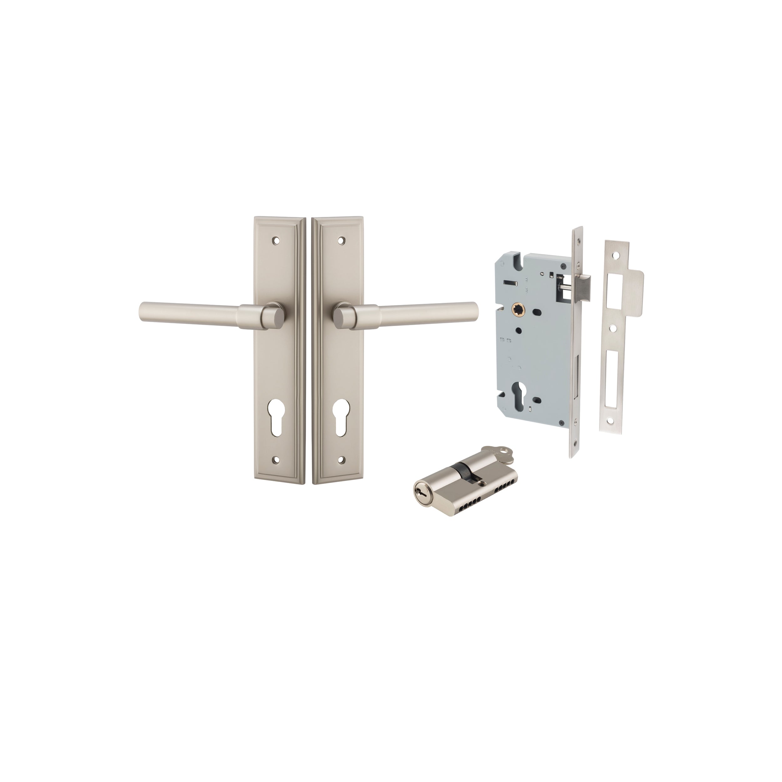 Pair of Iver Helsinki lever door handles on stepped backplates in a sleek, modern design with a black finish.