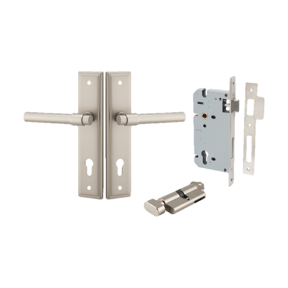 Door Lever Helsinki Stepped Euro Pair Satin Nickel CTC85mm H237xW50xP44mm Entrance Kit Mortice Lock Euro Satin Nickel CTC85mm Backset 60mm, Euro Cylinder Key Thumb 6 Pin Satin Nickel L70mm KA1 in Satin Nickel