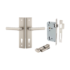Door Lever Helsinki Stepped Euro Pair Satin Nickel CTC85mm H237xW50xP44mm Entrance Kit Mortice Lock Euro Satin Nickel CTC85mm Backset 60mm, Euro Cylinder Key Thumb 6 Pin Satin Nickel L70mm KA1 in Satin Nickel