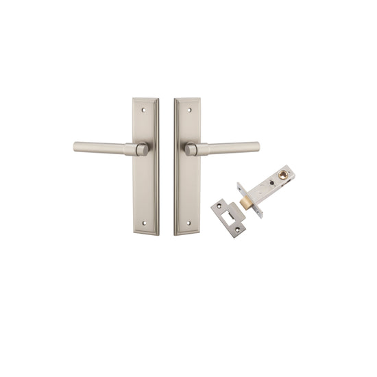 Door Lever Helsinki Stepped Latch Pair Satin Nickel H237xW50xP44mm Passage Kit Tube Latch Split Cam 'T' Striker Satin Nickel Backset 60mm in Satin Nickel