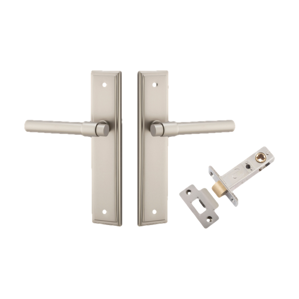 Door Lever Helsinki Stepped Latch Pair Satin Nickel H237xW50xP44mm Passage Kit Tube Latch Split Cam 'T' Striker Satin Nickel Backset 60mm in Satin Nickel