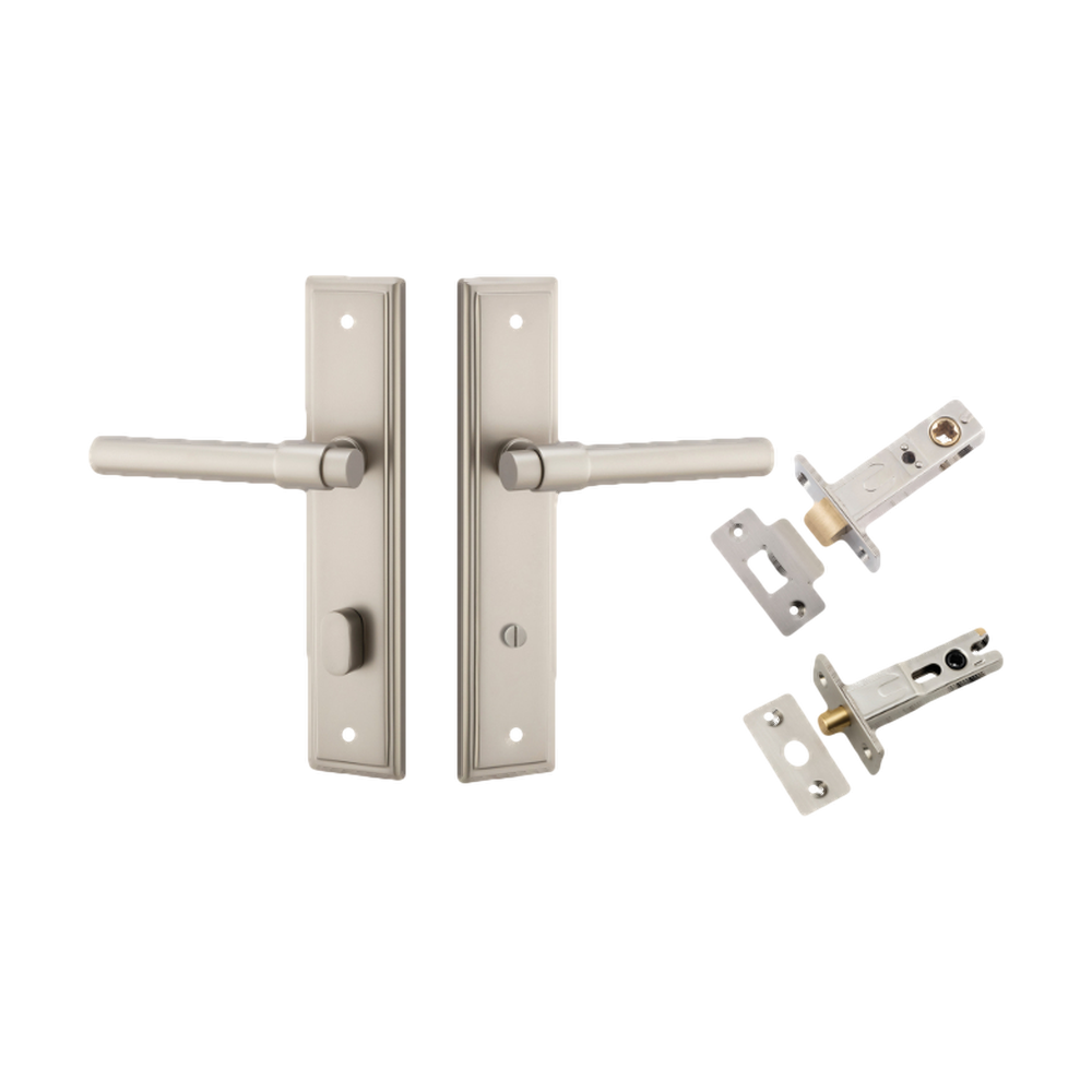 Door Lever Helsinki Stepped Privacy Pair Satin Nickel CTC85mm H237xW50xP44mm Privacy Kit Tube Latch Split Cam 'T' Striker Satin Nickel Backset 60mm, Privacy Bolt Round Bolt Satin Nickel Backset 60mm in Satin Nickel