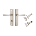 Door Lever Helsinki Stepped Privacy Pair Satin Nickel CTC85mm H237xW50xP44mm Privacy Kit Tube Latch Split Cam 'T' Striker Satin Nickel Backset 60mm, Privacy Bolt Round Bolt Satin Nickel Backset 60mm in Satin Nickel