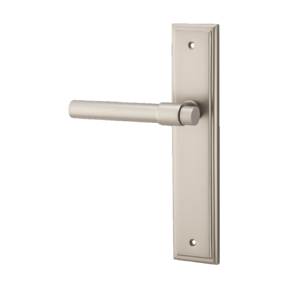 Door Lever Helsinki Stepped Latch Left Hand Fixed Satin Nickel L137xP61mm BPH237xW50mm in Satin Nickel