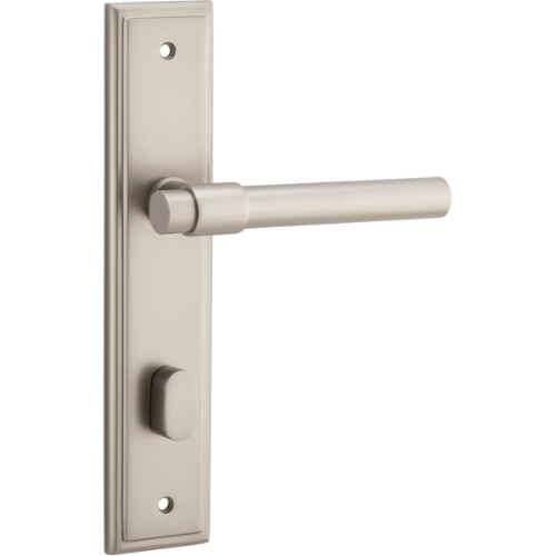 Pair of Iver Helsinki lever door handles on stepped backplates, featuring sleek modern design and brushed nickel finish.