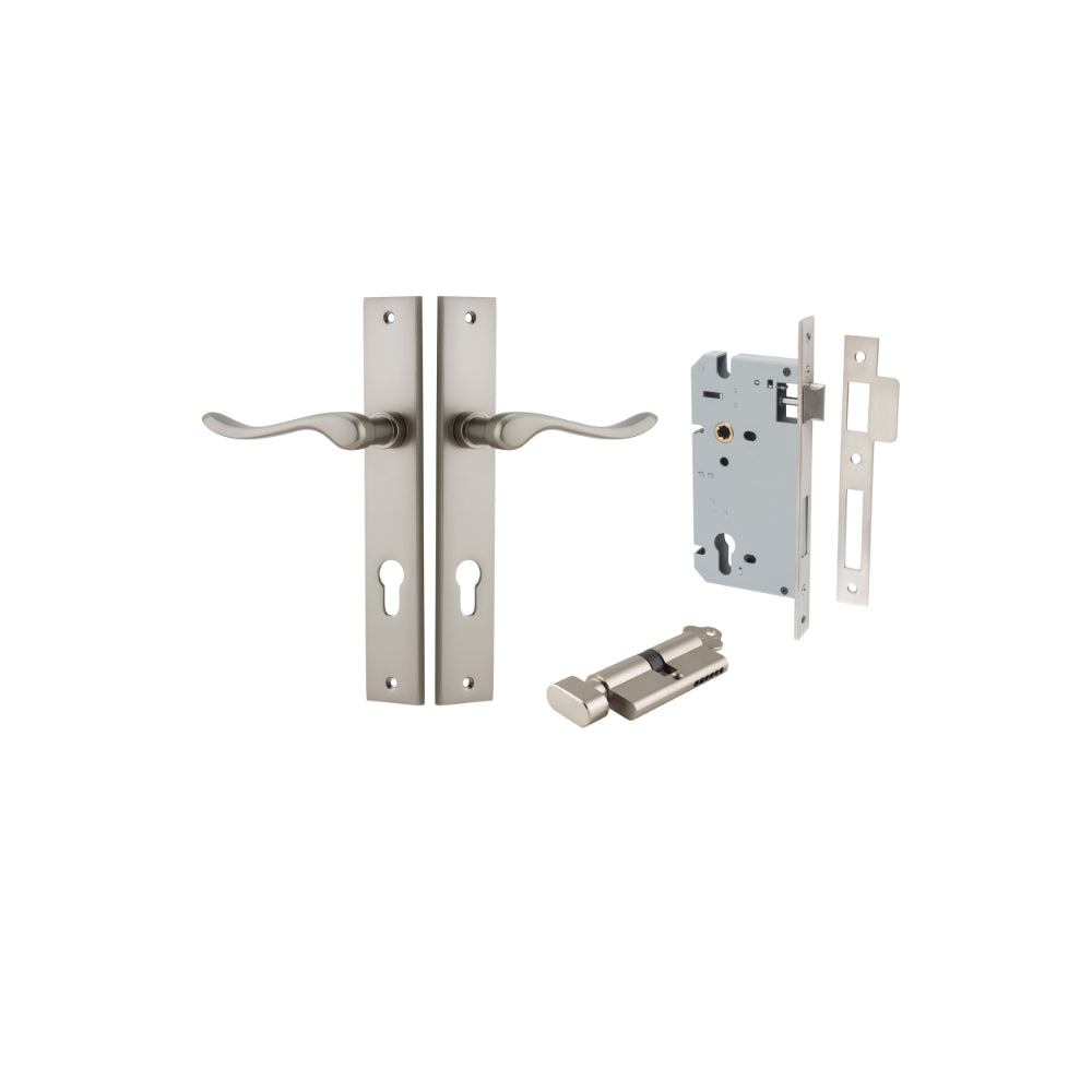 Door Lever Stirling Rectangular Euro Pair Satin Nickel CTC85mm H240xW38xP64mm Entrance Kit, Mortice Lock Euro Satin Nickel CTC85mm Backset 60mm, Euro Cylinder Key Thumb 6 Pin Satin Nickel L70mm KA1 in Satin Nickel