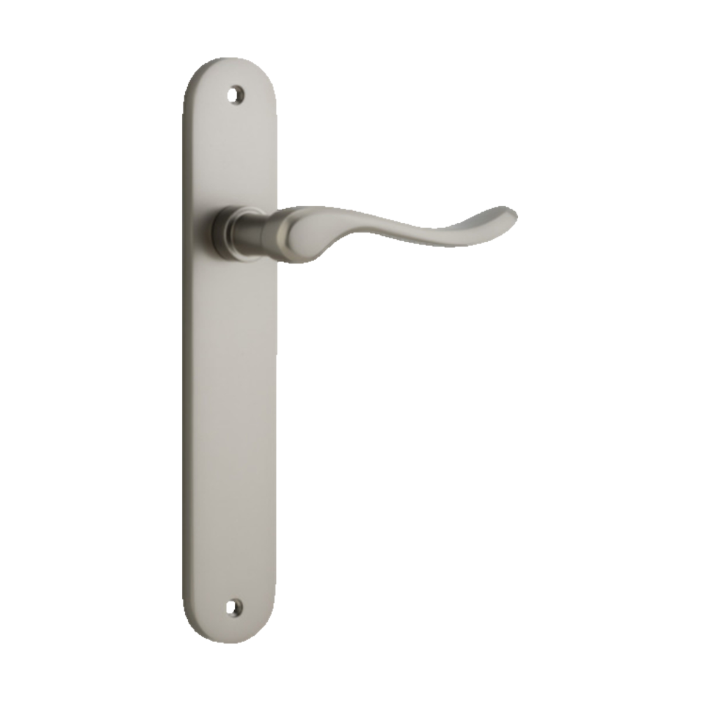 Door Lever Stirling Oval Latch Pair Satin Nickel H240xW40xP64mm in Satin Nickel
