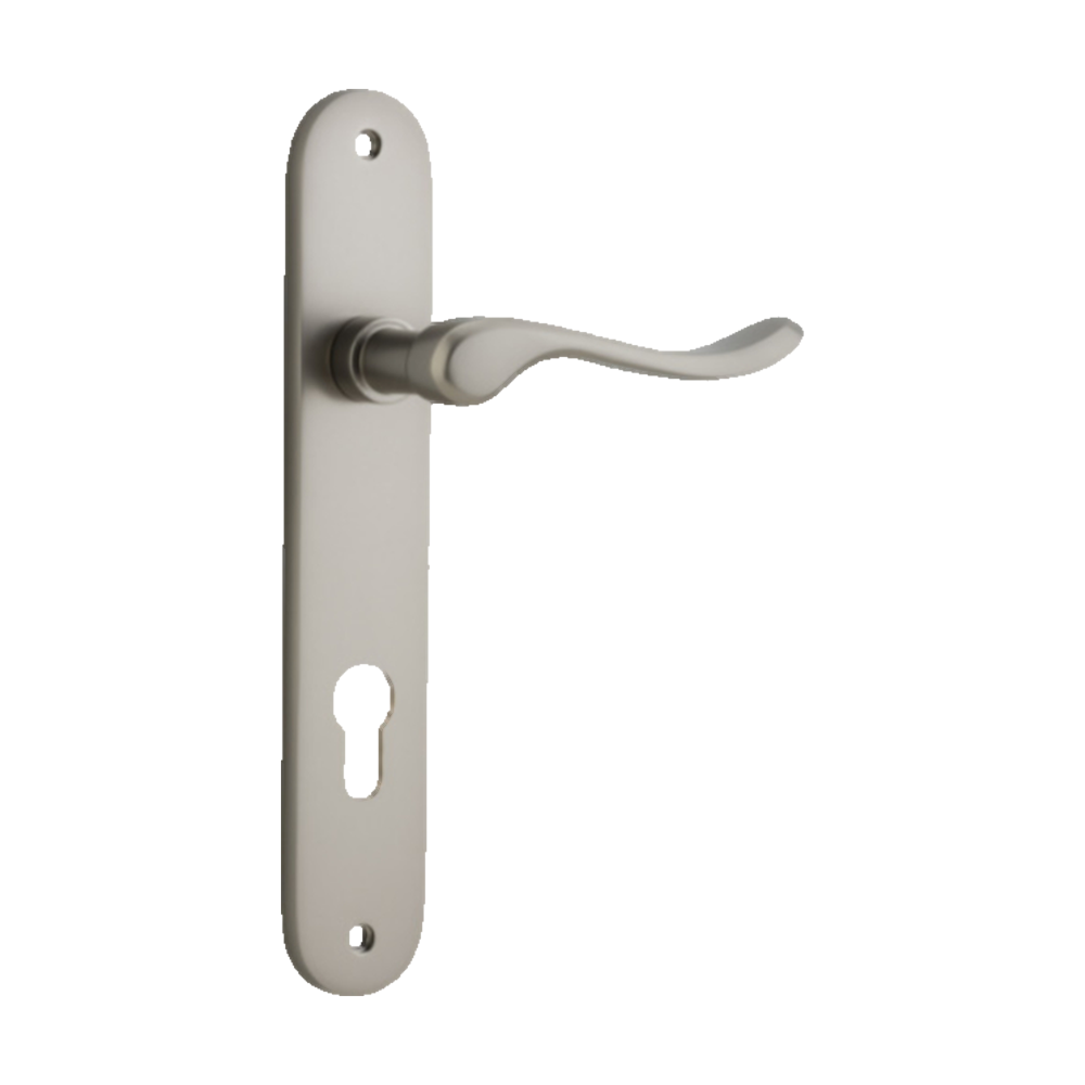 Door Lever Stirling Oval Euro Pair Satin Nickel CTC85mm H240xW40xP64mm in Satin Nickel