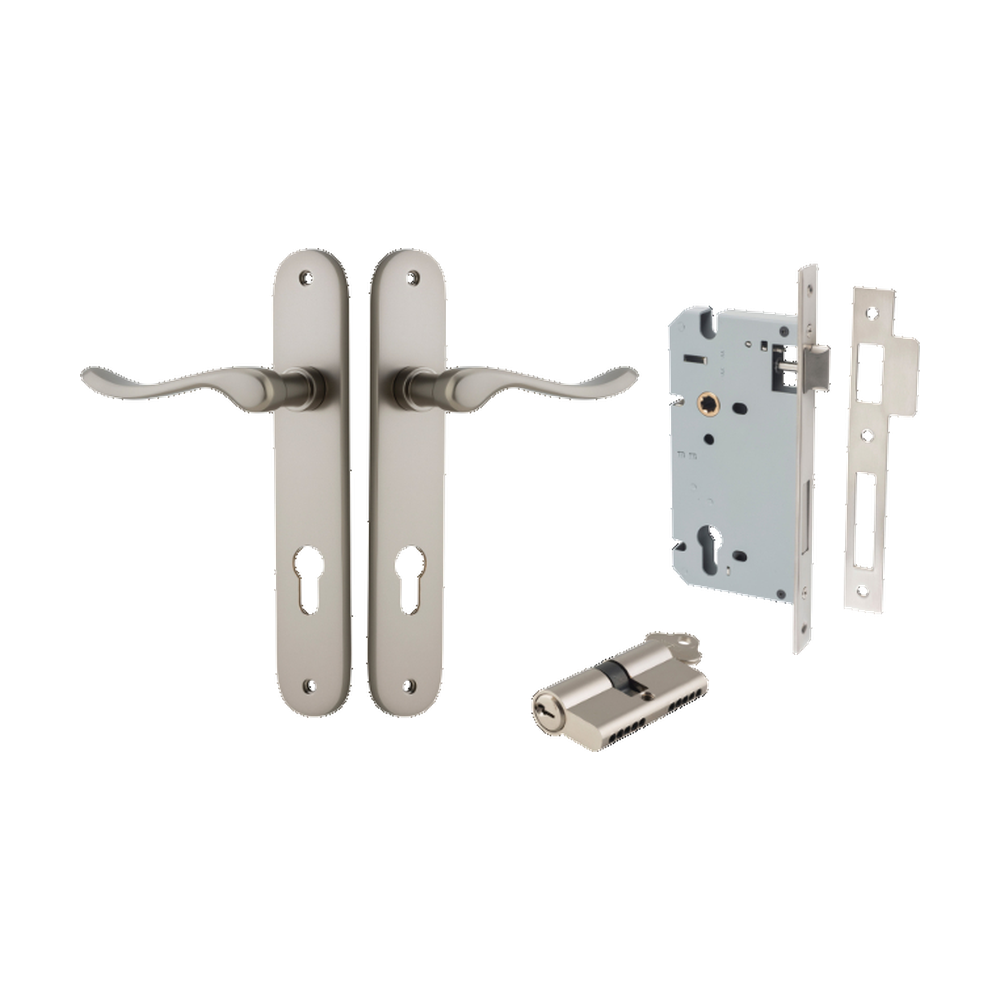 Door Lever Stirling Oval Euro Pair Satin Nickel CTC85mm H240xW40xP64mm Entrance Kit Mortice Lock Euro Satin Nickel CTC85mm Backset 60mm, Euro Cylinder Dual Function 5 Pin Satin Nickel L65mm KA1 in Satin Nickel