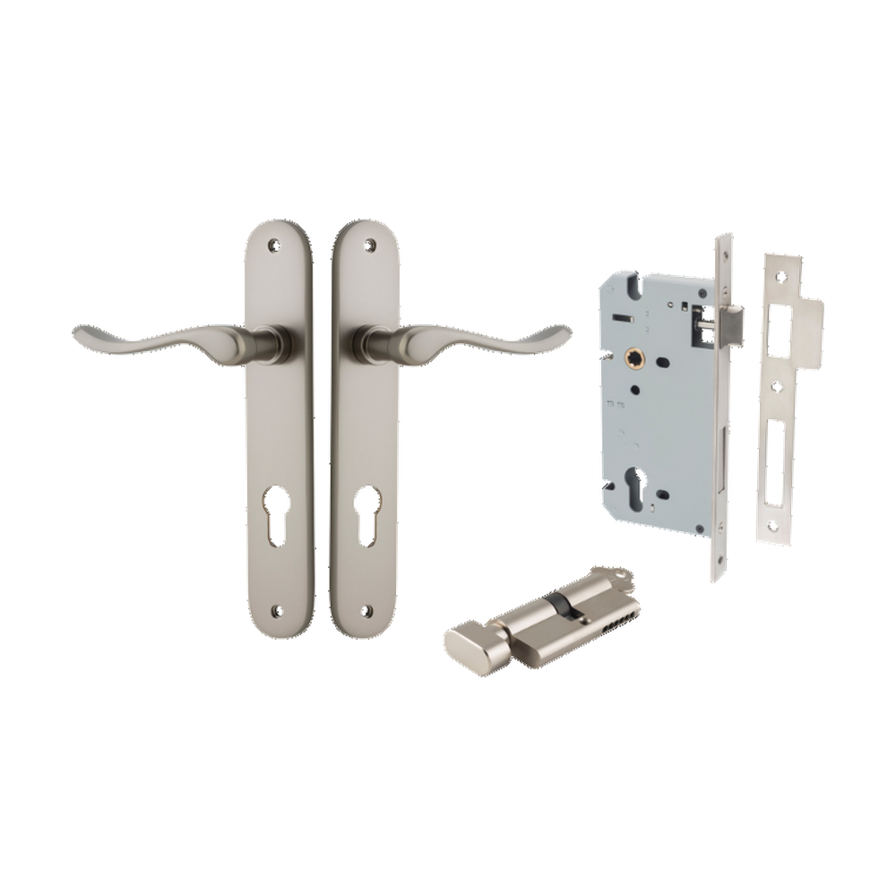 Door Lever Stirling Oval Euro Pair Satin Nickel CTC85mm H240xW40xP64mm Entrance Kit Mortice Lock Euro Satin Nickel CTC85mm Backset 60mm, Euro Cylinder Key Thumb 6 Pin Satin Nickel L70mm KA1 in Satin Nickel