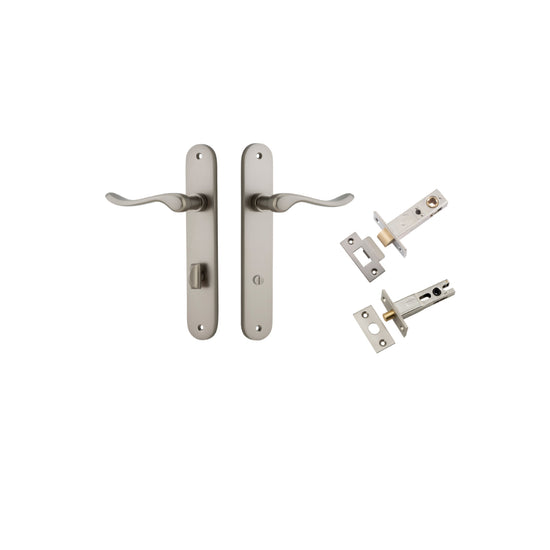 Door Lever Stirling Oval Privacy Pair Satin Nickel CTC85mm H240xW40xP64mm Privacy Kit Tube Latch Split Cam 'T' Striker Satin Nickel Backset 60mm, Privacy Bolt Round Bolt Satin Nickel Backset 60mm in Satin Nickel