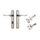 Door Lever Stirling Oval Privacy Pair Satin Nickel CTC85mm H240xW40xP64mm Privacy Kit Tube Latch Split Cam 'T' Striker Satin Nickel Backset 60mm, Privacy Bolt Round Bolt Satin Nickel Backset 60mm in Satin Nickel