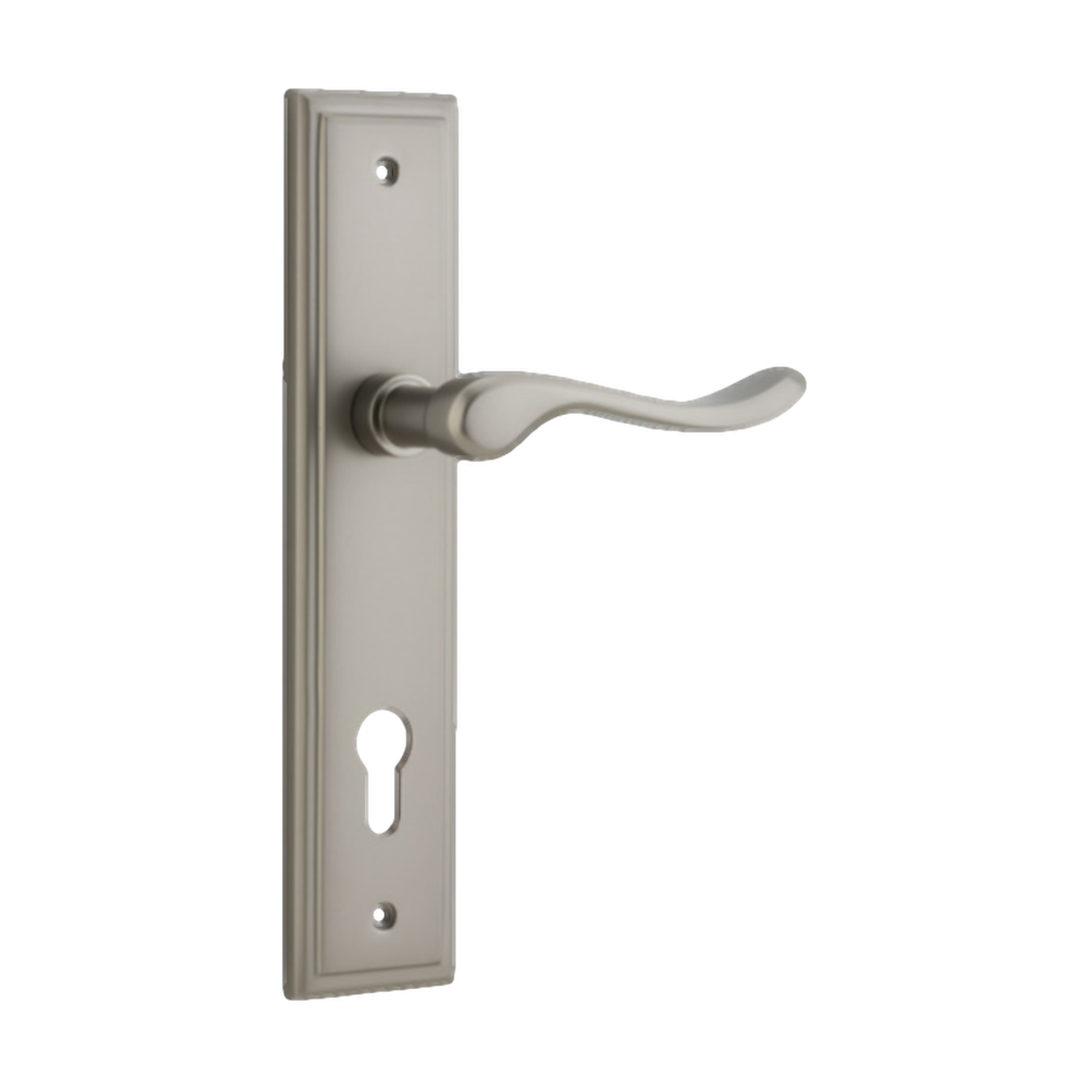 Door Lever Stirling Stepped Euro Pair Satin Nickel CTC85mm H237xW50xP64mm in Satin Nickel