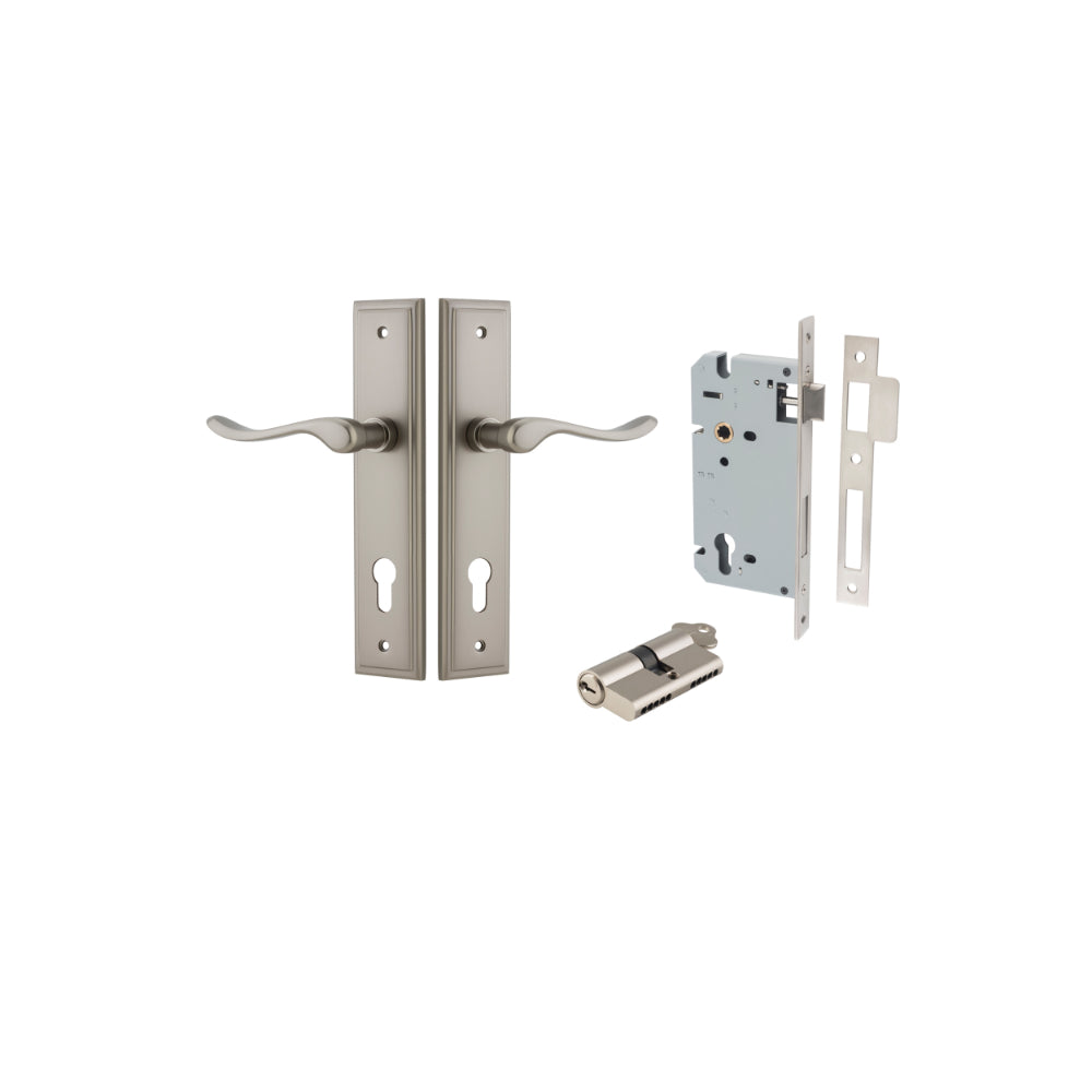 Door Lever Stirling Stepped Euro Pair Satin Nickel CTC85mm H237xW50xP64mm Entrance Kit Mortice Lock Euro Satin Nickel CTC85mm Backset 60mm, Euro Cylinder Dual Function 5 Pin Satin Nickel L65mm KA1 in Satin Nickel