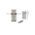 Door Lever Stirling Stepped Euro Pair Satin Nickel CTC85mm H237xW50xP64mm Entrance Kit Mortice Lock Euro Satin Nickel CTC85mm Backset 60mm, Euro Cylinder Key Thumb 6 Pin Satin Nickel L70mm KA1 in Satin Nickel