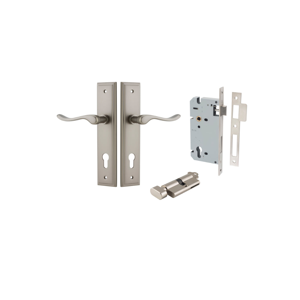 Door Lever Stirling Stepped Euro Pair Satin Nickel CTC85mm H237xW50xP64mm Entrance Kit Mortice Lock Euro Satin Nickel CTC85mm Backset 60mm, Euro Cylinder Key Thumb 6 Pin Satin Nickel L70mm KA1 in Satin Nickel