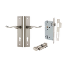 Door Lever Stirling Stepped Euro Pair Satin Nickel CTC85mm H237xW50xP64mm Entrance Kit Mortice Lock Euro Satin Nickel CTC85mm Backset 60mm, Euro Cylinder Key Thumb 6 Pin Satin Nickel L70mm KA1 in Satin Nickel