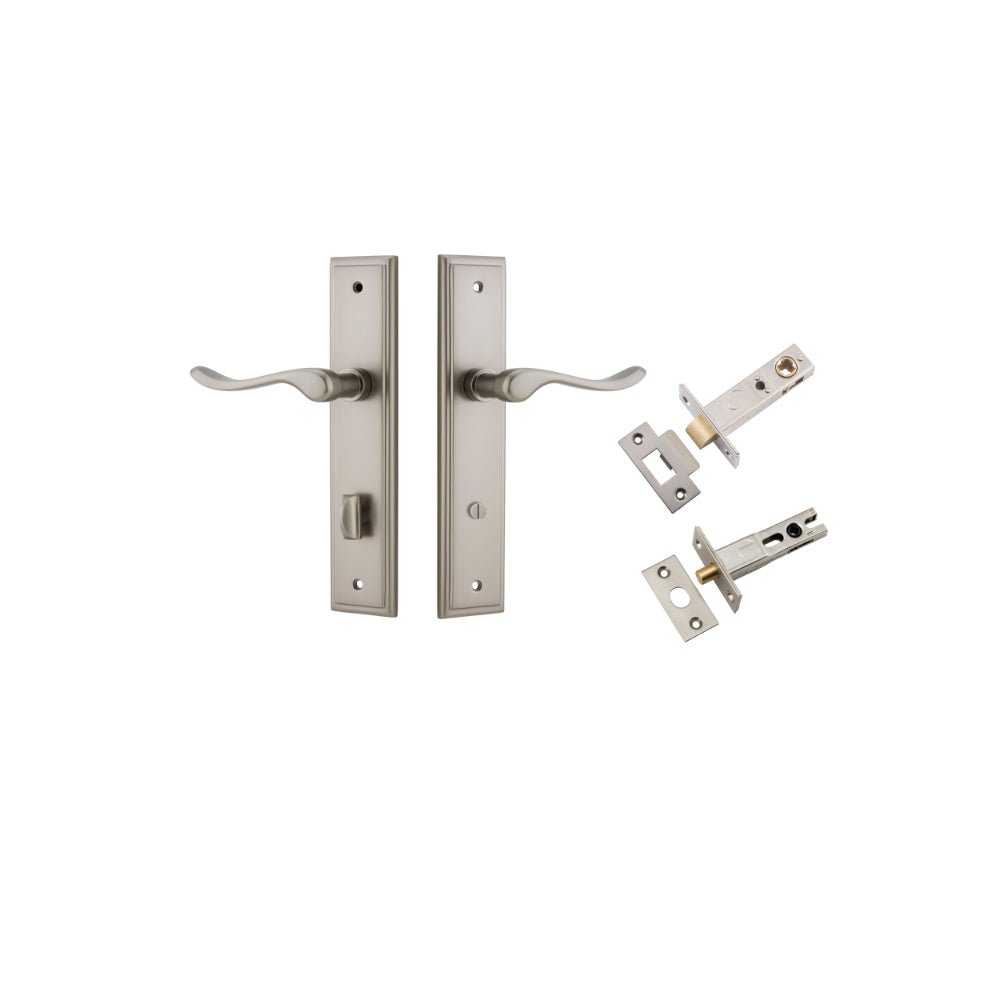 Door Lever Stirling Stepped Privacy Pair Satin Nickel CTC85mm H237xW50xP64mm Privacy Kit Tube Latch Split Cam 'T' Striker Satin Nickel Backset 60mm, Privacy Bolt Round Bolt Satin Nickel Backset 60mm in Satin Nickel