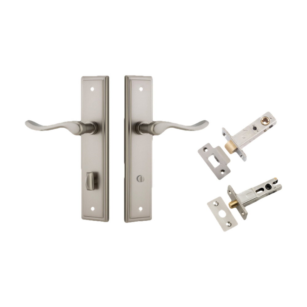 Door Lever Stirling Stepped Privacy Pair Satin Nickel CTC85mm H237xW50xP64mm Privacy Kit Tube Latch Split Cam 'T' Striker Satin Nickel Backset 60mm, Privacy Bolt Round Bolt Satin Nickel Backset 60mm in Satin Nickel