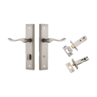 Door Lever Stirling Stepped Privacy Pair Satin Nickel CTC85mm H237xW50xP64mm Privacy Kit Tube Latch Split Cam 'T' Striker Satin Nickel Backset 60mm, Privacy Bolt Round Bolt Satin Nickel Backset 60mm in Satin Nickel
