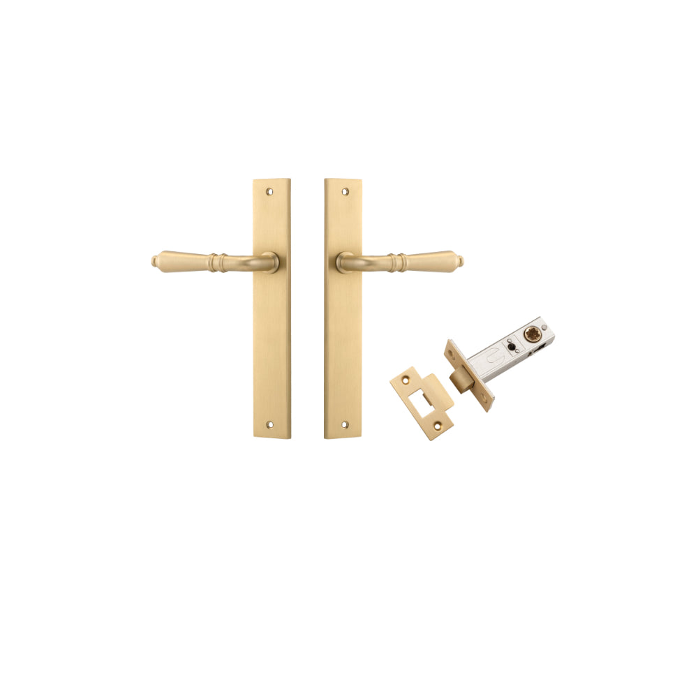 Pair of Iver Sarlat lever handles on rectangular backplates, featuring a sleek, modern design with a polished finish.